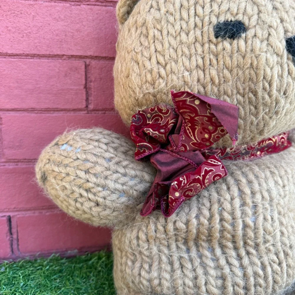 Vtg Hand Knitted Teddy Bear‎ Tan Yarn Red Scarf Bow Stuffed Animal Plush Toy 23